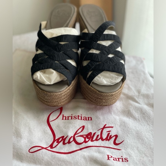🖤♥️Christian Louboutin size 38 - Black Ribbon espadrilles platform wedge - Picture 8 of 9